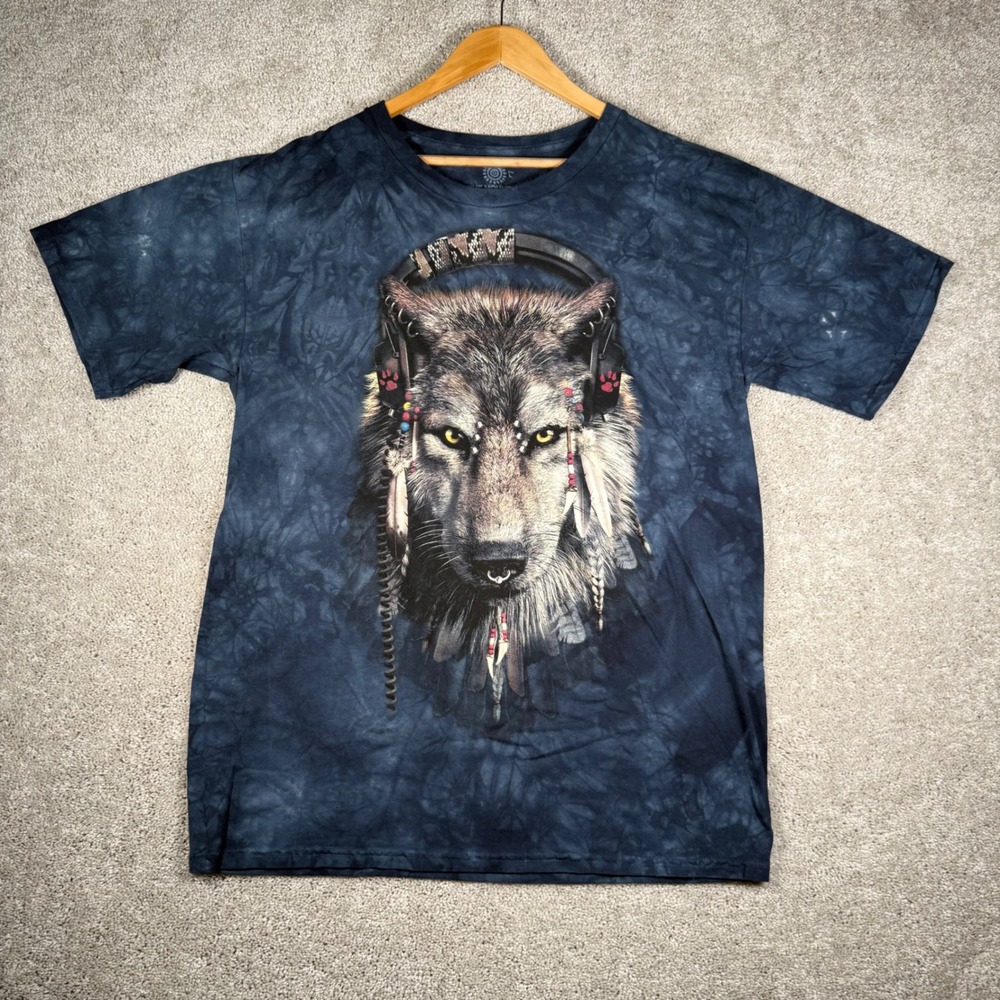 The Mountain Men's Large Blue Tie Dye Gray Wolf Headphones SS Graphic T Shirt